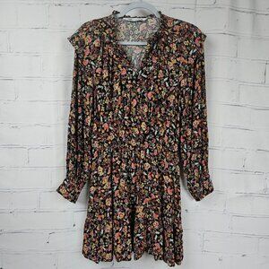 Zara Ditsy Floral Long-Sleeve Mini Dress Womens S Viscose Metallic Ruffle Detail
